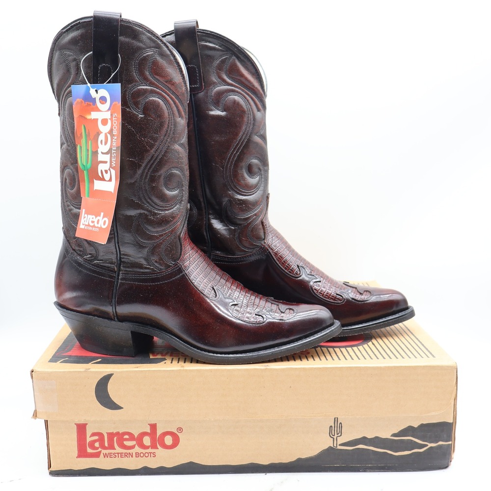 Laredo Western Cowboy Boots Mens 10.5 D Vintage Burgundy Leather Lizard Embossed